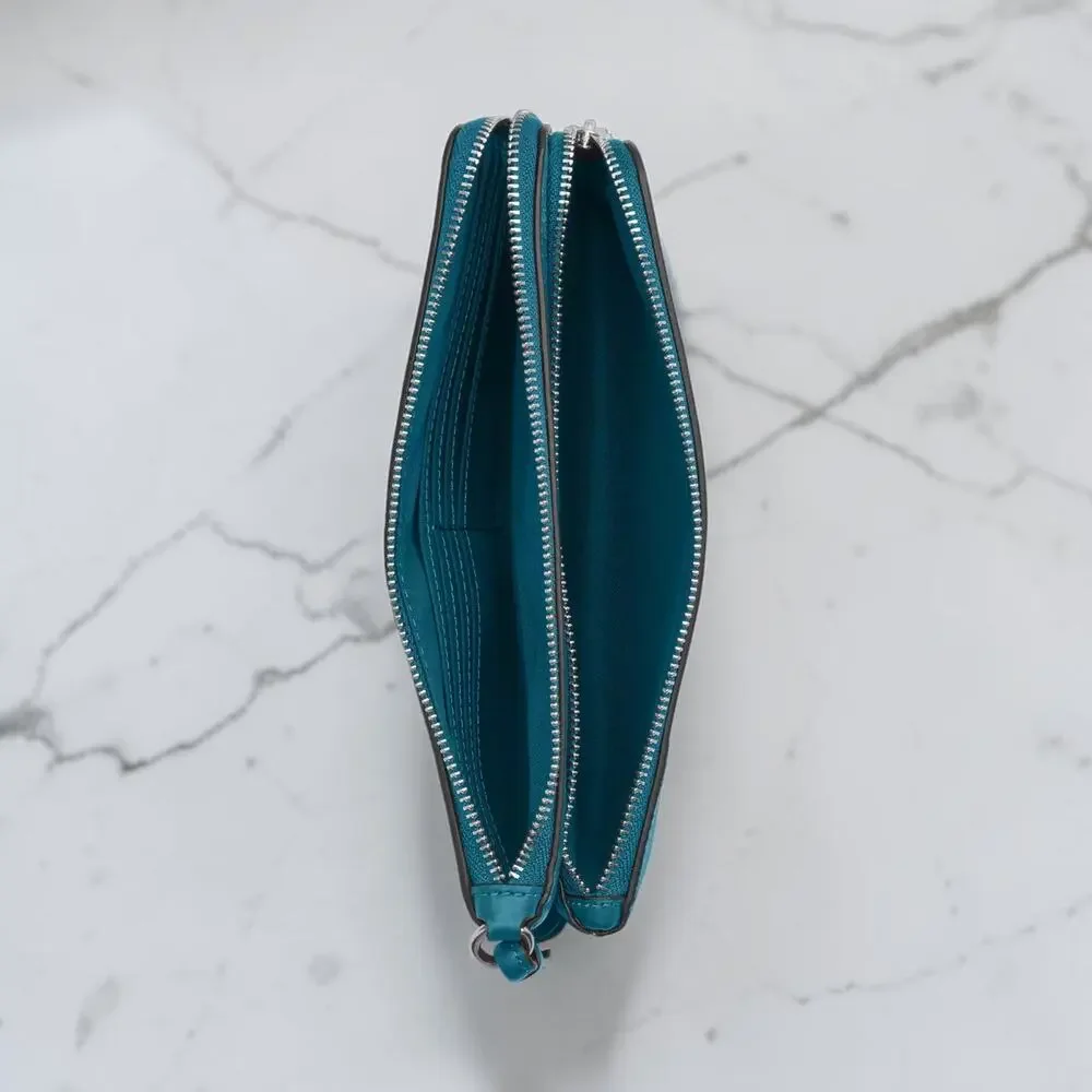 Coach NWT Double Zip Wallet Signature Canvas CX161 Silver Aquamarine Teal Blue
